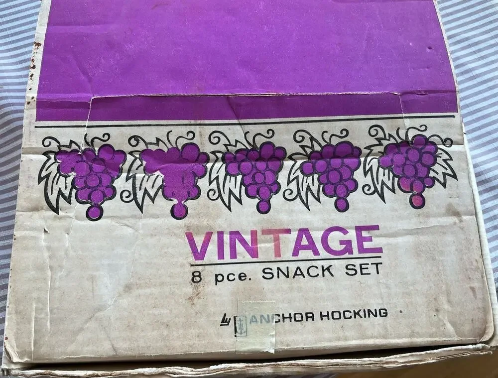 Vintage 1960s era 8 piece glass snack set by Anchor-Hocking, grape pattern party